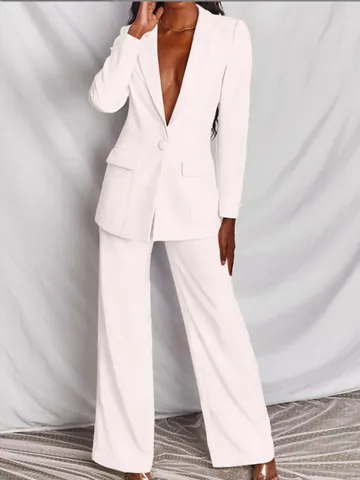 Dames Casual Mantelpakje Mode Effen Kleur Eén Knop Blazer en Wijde Broek Top en Bottom Zakelijk Pak