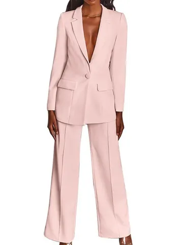 Dames Casual Mantelpakje Mode Effen Kleur Eén Knop Blazer en Wijde Broek Top en Bottom Zakelijk Pak
