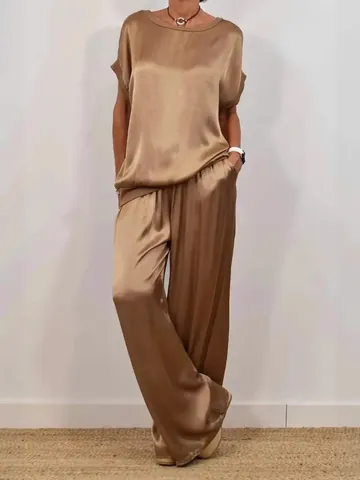 Women Casual Satin Finish Top And Bottom Short Sleeve Round Neck Shirt And High Waist Wide Leg Drawstring Long Pants