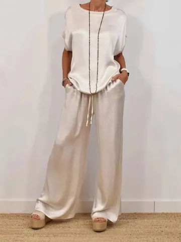 Women Casual Satin Finish Top And Bottom Short Sleeve Round Neck Shirt And High Waist Wide Leg Drawstring Long Pants