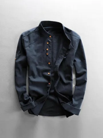 Camisa de Manga Larga para Hombre Estilo Chino con Cuello Alto Top Casual de Poliéster Color Sólido Moda Urbana Tallas Grandes