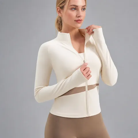 Women's Color Block Yoga Jacket Slim Fit Stand Collar Long Sleeve Sports Top With Thumbhole Quick Dry Running Fitness Jacket