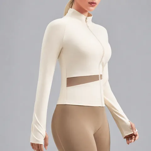 Women's Color Block Yoga Jacket Slim Fit Stand Collar Long Sleeve Sports Top With Thumbhole Quick Dry Running Fitness Jacket