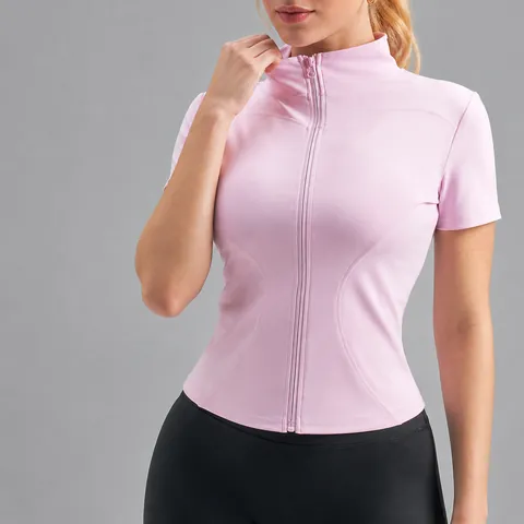 Women Stand Collar Zip Up Short Sleeve Yoga Top Polyester Spandex Slim Fit Naked Feel Sport Shirt For Gym Fitness Workout