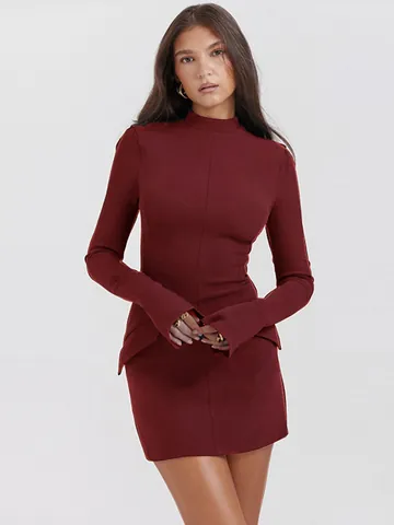 Women's Sexy Long Sleeve Bodycon Dress Mock Neck Flare Sleeve Elegant Slim Fit Mini Dress Solid Color Cocktail Party Gown