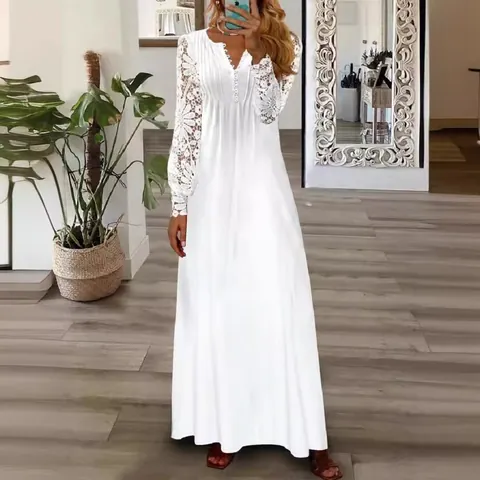 Women Elegant V-Neck Lace Long Sleeve Maxi Dress Floral Print Polyester High Waist Casual Boho Spring Autumn Woven Dress