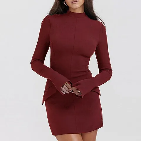 Women Sexy Bodycon Mini Dress Autumn New Elegant Mock Neck Flare Sleeve Slim Fit Pullover Splicing Solid Color Club Party Dress