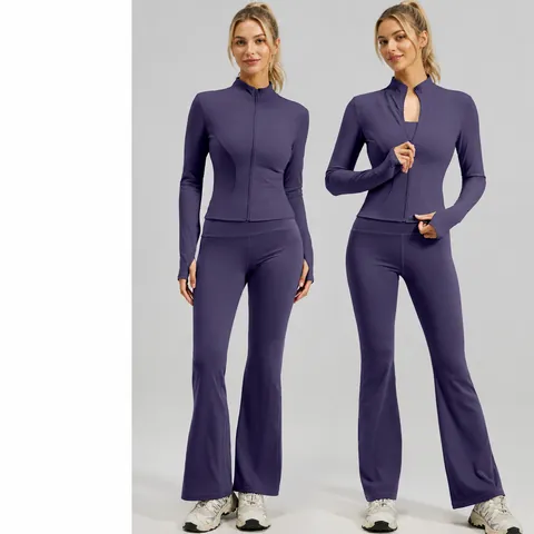Women Maillard Style Yoga Set Naked Feel Sporty Workout Tracksuit Slimming Flared Leg Pants And Full Zipper Jacket Top And Bottom