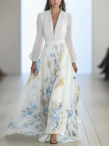 Women's V-Neck Long Sleeve Botanical Floral Print Patchwork Maxi Dress Elegant Casual A-Line Dress for Vacation Party