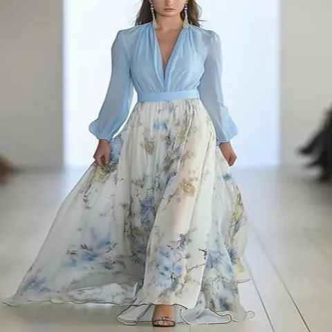 Women's V-Neck Long Sleeve Botanical Floral Print Patchwork Maxi Dress Elegant Casual A-Line Dress for Vacation Party
