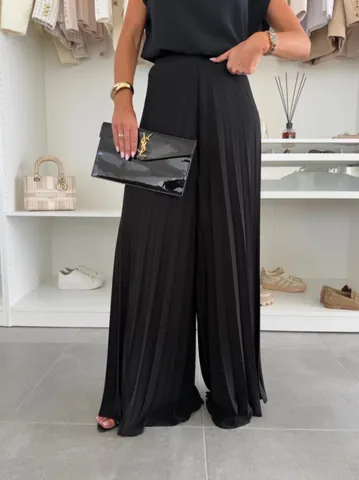 Women Elegant Solid Color Pleated Top And Bottom Set Round Neck Sleeveless Top And High Waist Wide Leg Pants Polyester Outfit