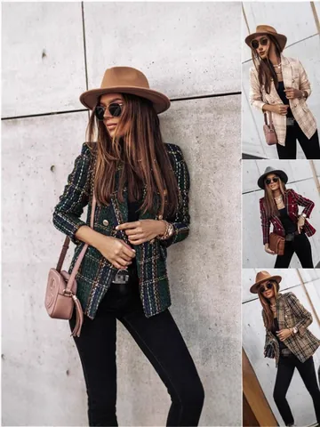 Women's Double Breasted Plaid Blazer Jacket Notch Lapel Long Sleeve Tweed Textured Top Autumn Winter Commuter Outerwear