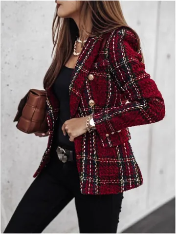 Women's Double Breasted Plaid Blazer Jacket Notch Lapel Long Sleeve Tweed Textured Top Autumn Winter Commuter Outerwear