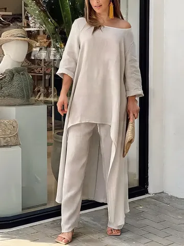 Γυναικείο Casual Σετ Δύο Τεμαχίων από Πολυεστέρα Ασύμμετρη Μπλούζα με Μακρύ Μανίκι και Παντελόνα Μεγάλο Μέγεθος