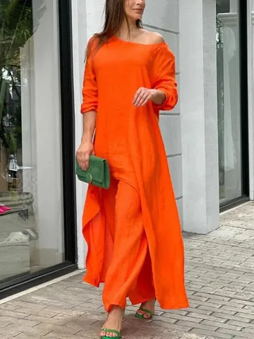 Γυναικείο Casual Σετ Δύο Τεμαχίων από Πολυεστέρα Ασύμμετρη Μπλούζα με Μακρύ Μανίκι και Παντελόνα Μεγάλο Μέγεθος