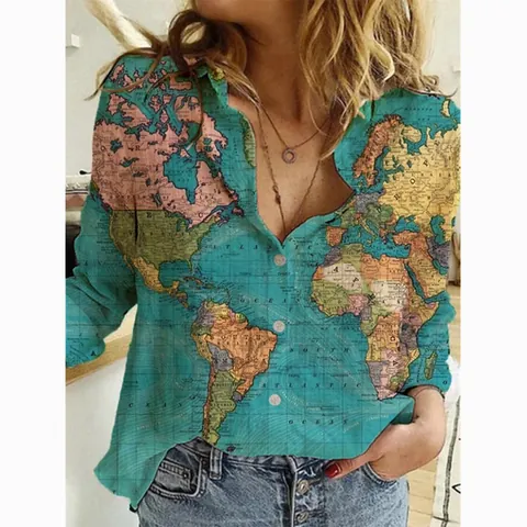 Women Vintage World Map Print Shirt Long Sleeve Lapel Button Up Blouse Casual Autumn Winter Fashion Polyester Office Tops