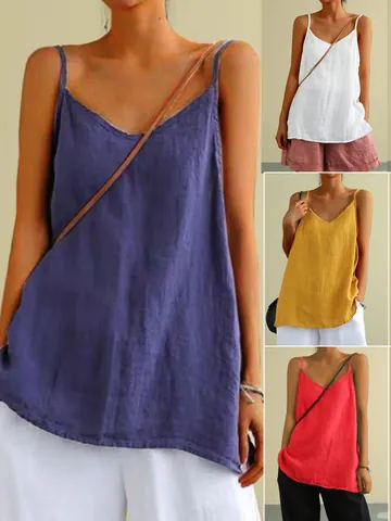 Damen Casual V-Ausschnitt Baumwollmischung Cami Tank Top Locker Ärmellos Sommer Weste Basic Unterhemd Einfarbig Atmungsaktives Top