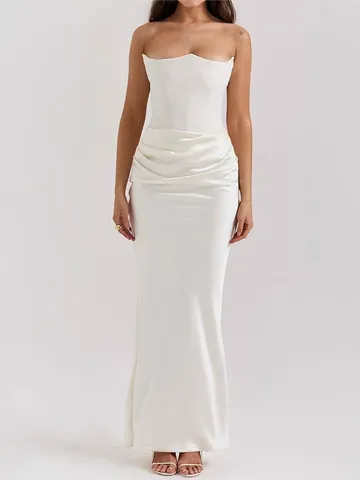 Women Sexy Tube Top Backless Ruched Bodycon Mermaid Evening Gown Satin Long Dress For Party Wedding Elegant Formal Sleeveless Robe