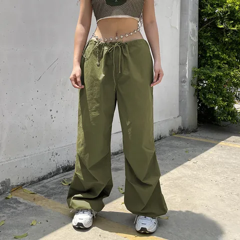Women Casual Cotton Cargo Pants Low Waist Wide Leg Parachute Pants Fashion Drawstring Elastic Waist Loose Streetwear Trousers