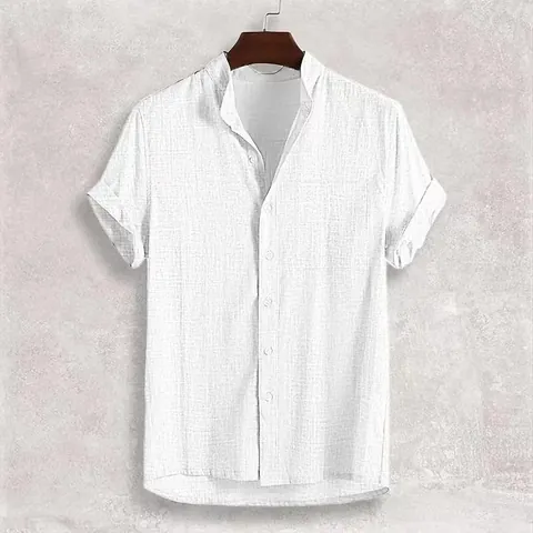 Men Casual Cotton Linen Short Sleeve Shirt Thin Breathable Stand Collar Solid Color Button Cardigan Top For Summer Lightweight