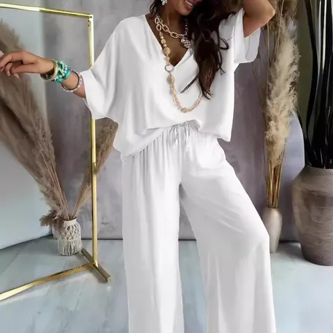Women V-Neck Batwing Sleeve Top And Wide Leg Pants Outfit Casual Loose Solid Color Polyester Summer Loungewear Suit