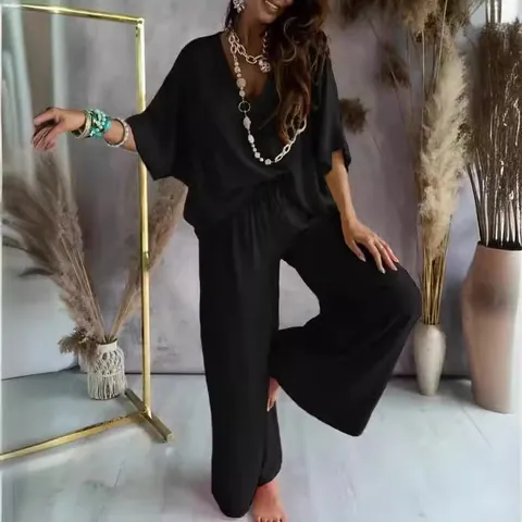 Women V-Neck Batwing Sleeve Top And Wide Leg Pants Outfit Casual Loose Solid Color Polyester Summer Loungewear Suit