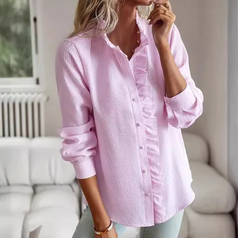 Women's Elegant Stripe Ruffle Stand Collar Long Sleeve Blouse Casual Office Seersucker Shirt Button Up Top