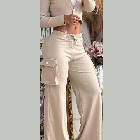 Women's Casual Polyester Long Sleeve Cardigan And Wide Leg Cargo Pants Top And Bottom Commuter Style Camouflage Solid Outfit