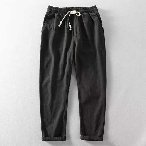 Men Casual Cotton Linen Pants Breathable Drawstring Loose Fit Straight Leg Summer Bottom Trousers Light Gray Navy Black