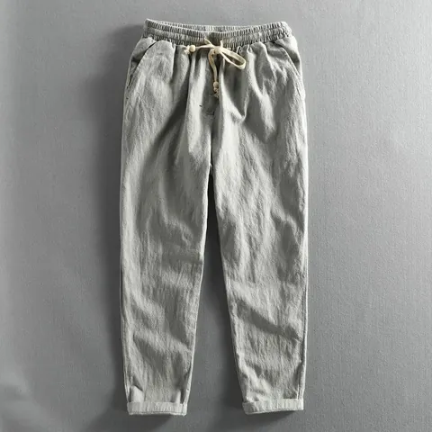 Men Casual Cotton Linen Pants Breathable Drawstring Loose Fit Straight Leg Summer Bottom Trousers Light Gray Navy Black