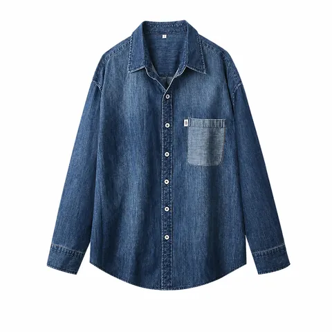 Camicia in Denim da Uomo a Maniche Lunghe 100% Cotone Giapponese Minimalista Casual Top Botton Down Con Tasca Vintage Lavata