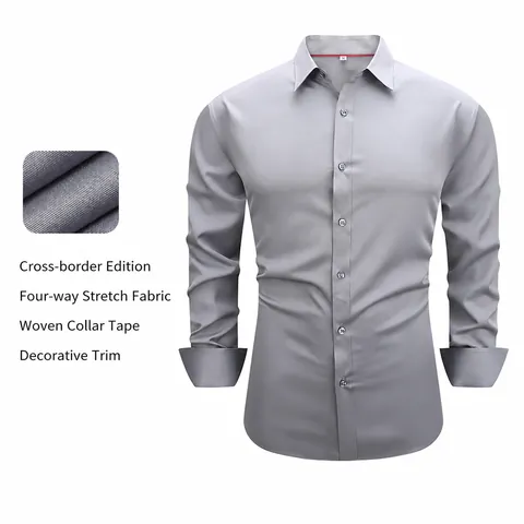 Camisa de Manga Larga Casual de Negocios para Hombre Corte Ajustado Color Sólido Transpirable Poliéster Spandex Top
