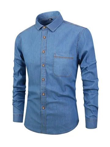 Men's Japanese Casual 100% Cotton Denim Shirt Long Sleeve Slim Fit Button Down Shirt With Contrast Stitching Pocket Top