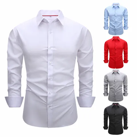 Camisa de Manga Larga Casual de Negocios para Hombre Corte Ajustado Color Sólido Transpirable Poliéster Spandex Top