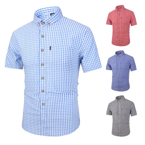 Men Casual Plaid Shirt Cotton Short Sleeve Slim Fit Gingham Check Breathable Summer Top Minimalist Fashion Urban Button Down Shirt