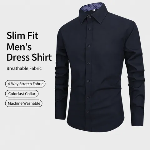 Camicia da Uomo a Manica Lunga Vestibilità Slim Senza Stiro Resistente alle Pieghe Poliestere Business Casual Tinta Unita