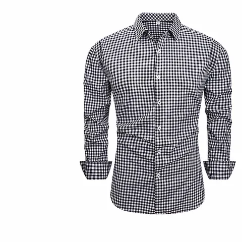 Men's Vintage Plaid Gingham Check Shirt Four-Way Stretch Slim Fit Long Sleeve Casual Button Down Lapel Top Business Wear