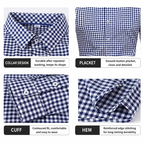 Men's Vintage Plaid Gingham Check Shirt Four-Way Stretch Slim Fit Long Sleeve Casual Button Down Lapel Top Business Wear