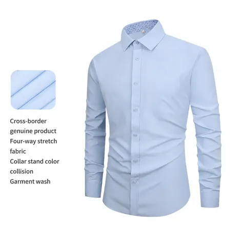 Men's Long Sleeve Button Down Shirt Slim Fit Solid Business Casual Shirt With Geometric Lining Contrast Details 4-Way Stretch Top