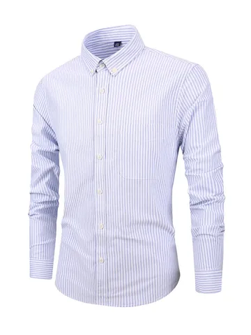 Men's Cotton Oxford Striped Shirt Slim Fit Long Sleeve Button Down Business Casual Top Breathable Vertical Stripe Men Shirt