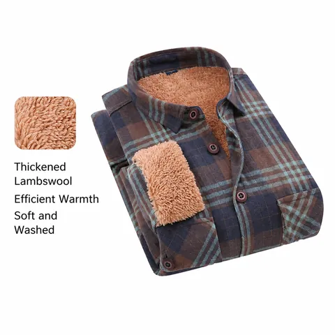 Men Plaid Cotton Shirt Fleece Lined Thickened Warm Long Sleeve Shirt Trendy Plaid Cardigan Top For Autumn Winter Casual Daily Wear