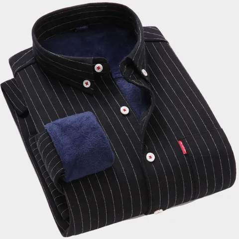 Men's Fleece Lined Striped Shirt Casual Thermal Long Sleeve Top Cotton Blend Thickened Business Button Down Shirt With Pocket