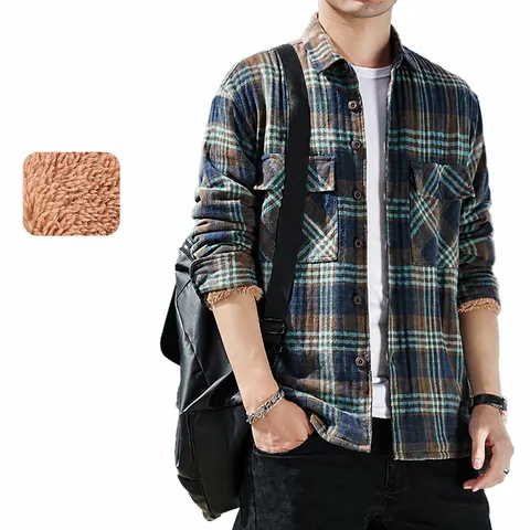Men Plaid Cotton Shirt Fleece Lined Thickened Warm Long Sleeve Shirt Trendy Plaid Cardigan Top For Autumn Winter Casual Daily Wear