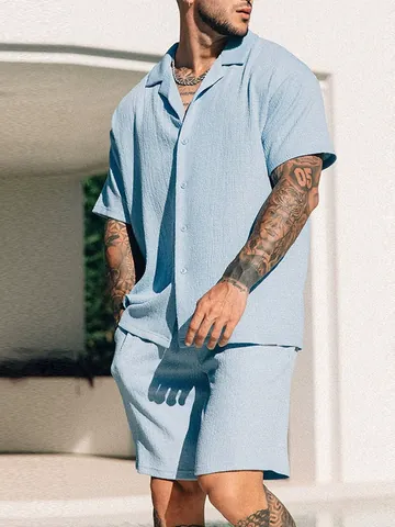 Men Summer Casual Shirt And Shorts Top And Bottom Set Solid Color Lapel Short Sleeve Crinkle Textured Vacation Beach Outfit