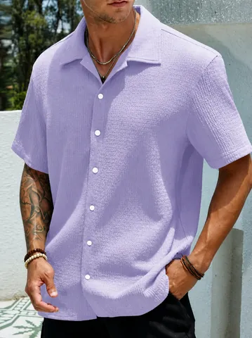 Men Casual Polyester Shirt Short Sleeve Seersucker Textured Button Down Shirt Smart Casual Lapel Summer Comfy Top