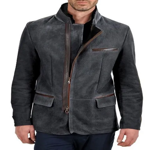 Men Retro Stand Collar Workwear Patchwork Jacket Fashion Casual Zipper Outerwear Long Sleeve Thickened Solid Color Male Top