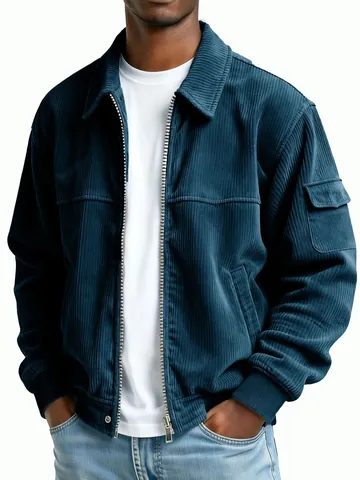 Men's Vintage Corduroy Jacket Lapel Full Zip Workwear Coat Casual Solid Color Long Sleeve Outwear Cargo Top
