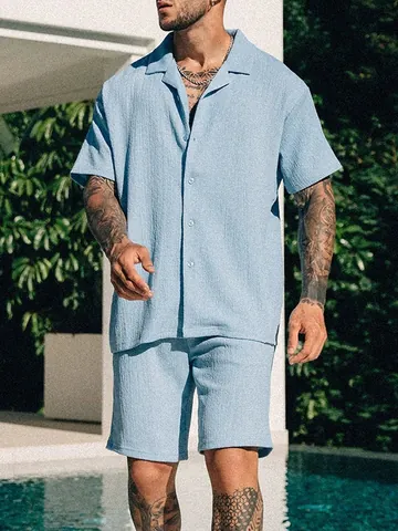 Men Summer Casual Shirt And Shorts Top And Bottom Set Solid Color Lapel Short Sleeve Crinkle Textured Vacation Beach Outfit