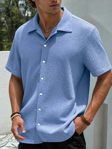 Men Casual Polyester Shirt Short Sleeve Seersucker Textured Button Down Shirt Smart Casual Lapel Summer Comfy Top