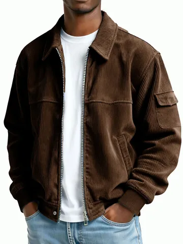 Men's Vintage Corduroy Jacket Lapel Full Zip Workwear Coat Casual Solid Color Long Sleeve Outwear Cargo Top